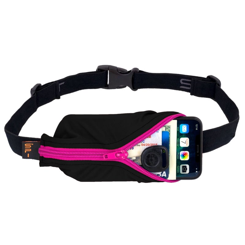 SPIbelt Running Belt for Women Men, Phone Holder for Running, Running Fanny Pack, Holder for Phone, Running Waist Pack, Adjustable Waist, [Fits All Phones]. Black with Hot Pink Zipper - Image 1